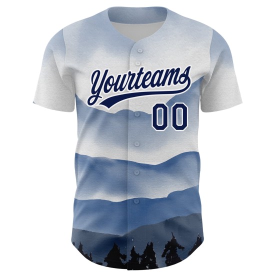 Custom White Navy 3D Pattern Design Watercolor Mountains Authentic rugby Jersey Custom White Navy 3D Pattern Design Watercolor Mountains Authentic rugby Jersey