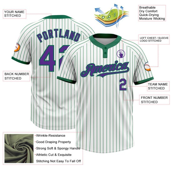 Custom White Kelly Green Pinstripe Purple Two-Button Unisex Jersey Custom White Kelly Green Pinstripe Purple Two-Button Unisex Jersey