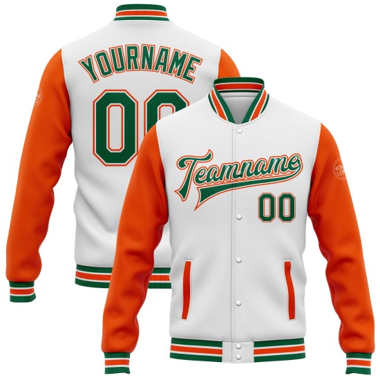 Custom White Kelly Green-Orange Bomber Full-Snap Varsity Letterman Two Tone Jacket Custom White Kelly Green-Orange Bomber Full-Snap Varsity Letterman Two Tone Jacket