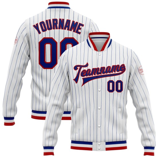 Custom White Royal Pinstripe Royal-Red Bomber Full-Snap Varsity Letterman Jacket Custom White Royal Pinstripe Royal-Red Bomber Full-Snap Varsity Letterman Jacket
