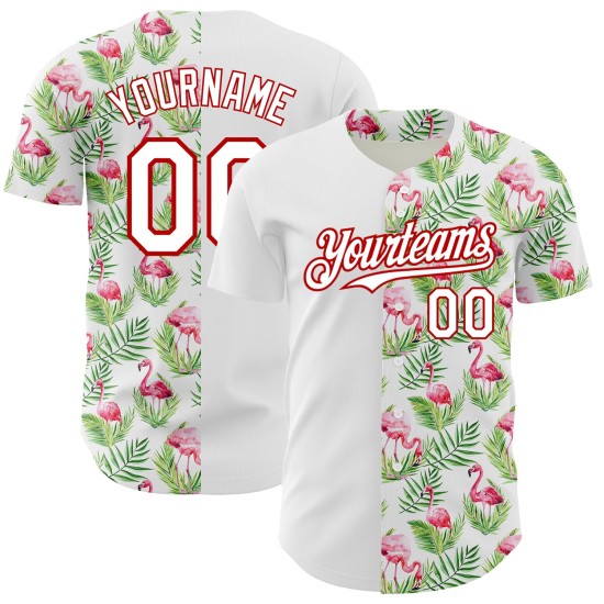 Custom White Red 3D Pattern Design Tropical Hawaii Palm Leaves And Flamingo Authentic rugby Jersey Custom White Red 3D Pattern Design Tropical Hawaii Palm Leaves And Flamingo Authentic rugby Jersey