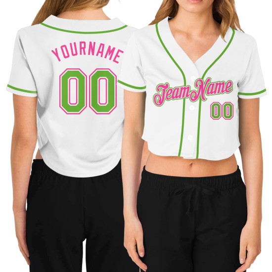 Custom Women’s White Neon Green-Pink V-Neck Cropped rugby Jersey Custom Women’s White Neon Green-Pink V-Neck Cropped rugby Jersey