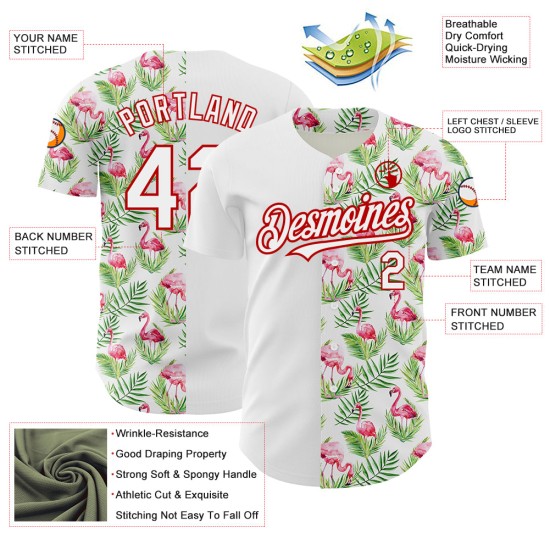 Custom White Red 3D Pattern Design Tropical Hawaii Palm Leaves And Flamingo Authentic rugby Jersey Custom White Red 3D Pattern Design Tropical Hawaii Palm Leaves And Flamingo Authentic rugby Jersey