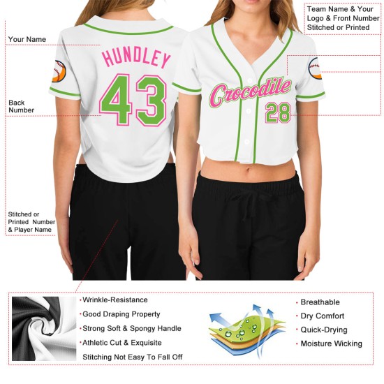 Custom Women’s White Neon Green-Pink V-Neck Cropped rugby Jersey Custom Women’s White Neon Green-Pink V-Neck Cropped rugby Jersey