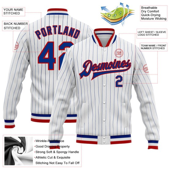 Custom White Royal Pinstripe Royal-Red Bomber Full-Snap Varsity Letterman Jacket Custom White Royal Pinstripe Royal-Red Bomber Full-Snap Varsity Letterman Jacket