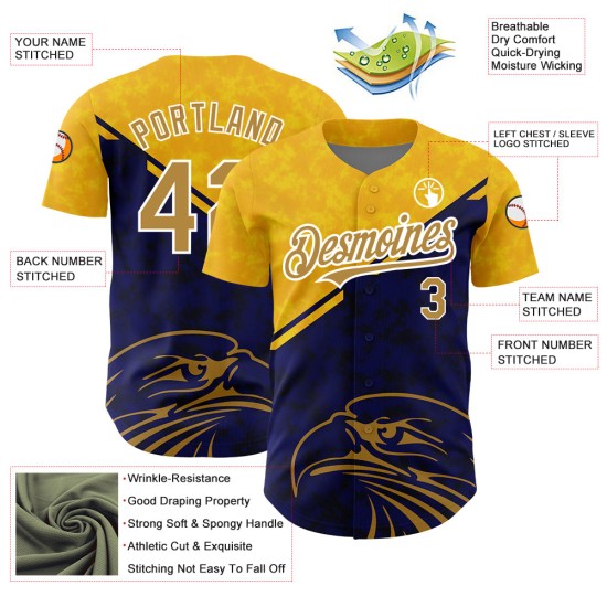 Custom Yellow Old Gold-Navy 3D Pattern Design Animal Eagle Authentic rugby Jersey Custom Yellow Old Gold-Navy 3D Pattern Design Animal Eagle Authentic rugby Jersey