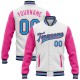 Custom White Sky Blue Black-Pink Bomber Full-Snap Varsity Letterman Two Tone Jacket Custom White Sky Blue Black-Pink Bomber Full-Snap Varsity Letterman Two Tone Jacket