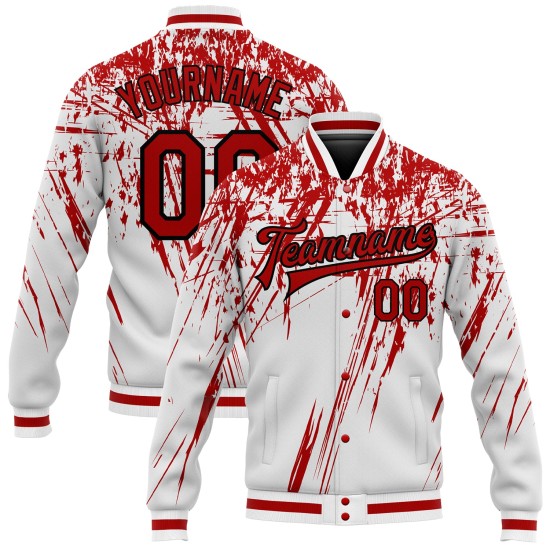 Custom White Red-Black 3D Pattern Design Bomber Full-Snap Varsity Letterman Jacket Custom White Red-Black 3D Pattern Design Bomber Full-Snap Varsity Letterman Jacket