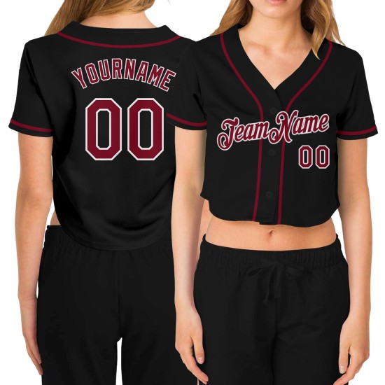 Custom Women’s Black Crimson-White V-Neck Cropped rugby Jersey Custom Women’s Black Crimson-White V-Neck Cropped rugby Jersey