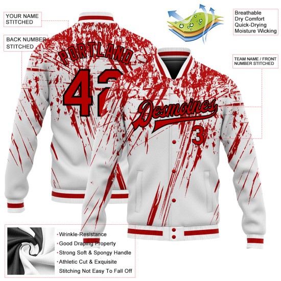 Custom White Red-Black 3D Pattern Design Bomber Full-Snap Varsity Letterman Jacket Custom White Red-Black 3D Pattern Design Bomber Full-Snap Varsity Letterman Jacket