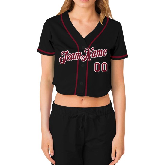 Custom Women’s Black Crimson-White V-Neck Cropped rugby Jersey Custom Women’s Black Crimson-White V-Neck Cropped rugby Jersey