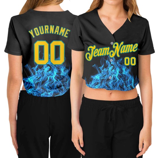 Custom Women’s Black Gold-Aqua Flame 3D V-Neck Cropped rugby Jersey Custom Women’s Black Gold-Aqua Flame 3D V-Neck Cropped rugby Jersey