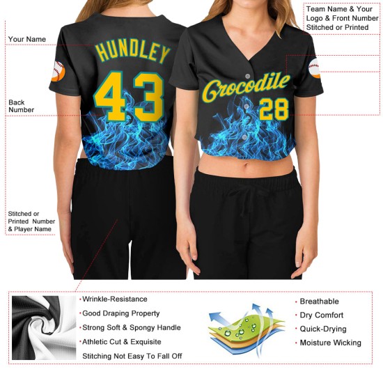 Custom Women’s Black Gold-Aqua Flame 3D V-Neck Cropped rugby Jersey Custom Women’s Black Gold-Aqua Flame 3D V-Neck Cropped rugby Jersey