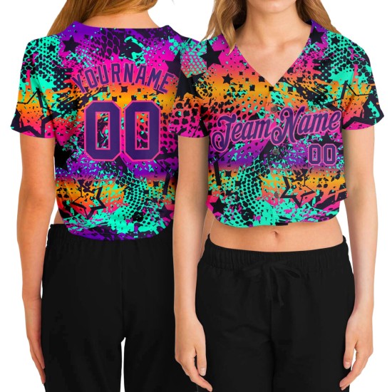 Custom Women’s Graffiti Pattern Purple-Pink Bright Neon Colors 3D V-Neck Cropped rugby Jersey Custom Women’s Graffiti Pattern Purple-Pink Bright Neon Colors 3D V-Neck Cropped rugby Jersey