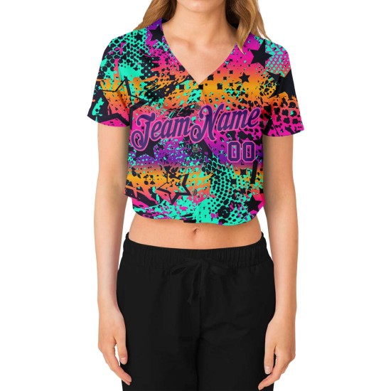 Custom Women’s Graffiti Pattern Purple-Pink Bright Neon Colors 3D V-Neck Cropped rugby Jersey Custom Women’s Graffiti Pattern Purple-Pink Bright Neon Colors 3D V-Neck Cropped rugby Jersey
