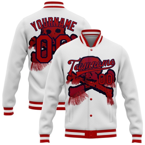 Custom White Red-Navy Skull Fashion 3D Bomber Full-Snap Varsity Letterman Jacket Custom White Red-Navy Skull Fashion 3D Bomber Full-Snap Varsity Letterman Jacket