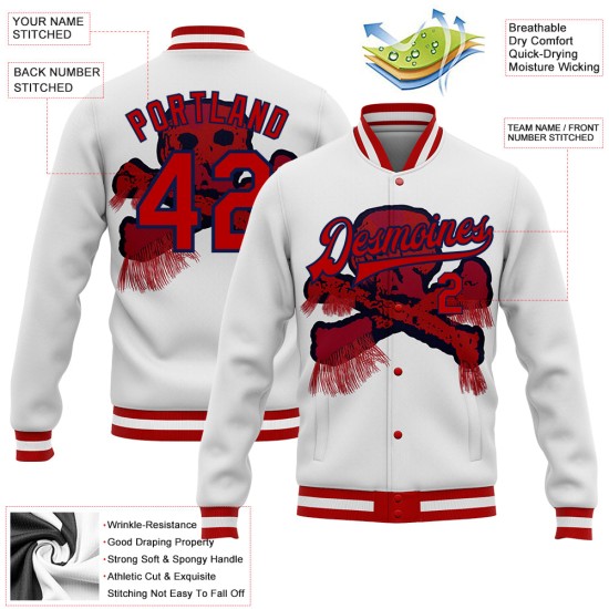 Custom White Red-Navy Skull Fashion 3D Bomber Full-Snap Varsity Letterman Jacket Custom White Red-Navy Skull Fashion 3D Bomber Full-Snap Varsity Letterman Jacket