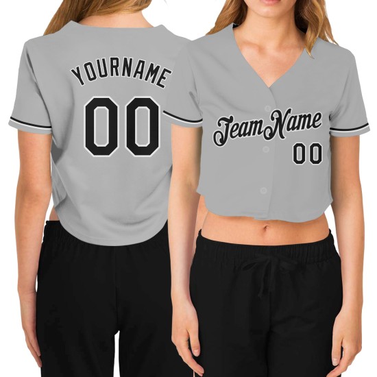 Custom Women’s Gray Black-White V-Neck Cropped rugby Jersey Custom Women’s Gray Black-White V-Neck Cropped rugby Jersey