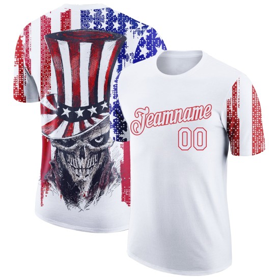 Custom White Red-Royal 3D American Flag Skull Patriotic Performance T-Shirt Custom White Red-Royal 3D American Flag Skull Patriotic Performance T-Shirt