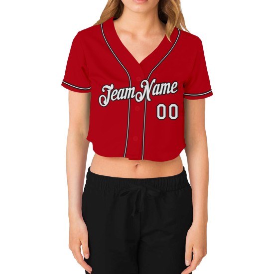 Custom Women’s Red White-Black V-Neck Cropped rugby Jersey Custom Women’s Red White-Black V-Neck Cropped rugby Jersey