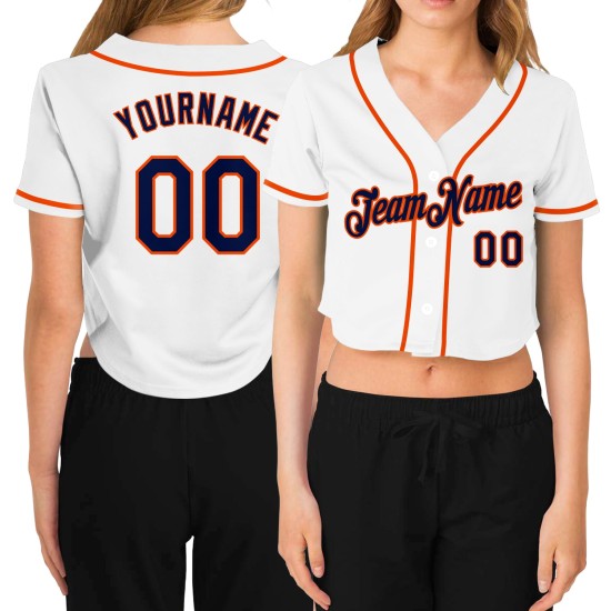 Custom Women’s White Navy-Orange V-Neck Cropped rugby Jersey Custom Women’s White Navy-Orange V-Neck Cropped rugby Jersey