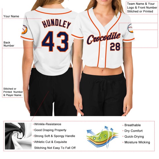 Custom Women’s White Navy-Orange V-Neck Cropped rugby Jersey Custom Women’s White Navy-Orange V-Neck Cropped rugby Jersey